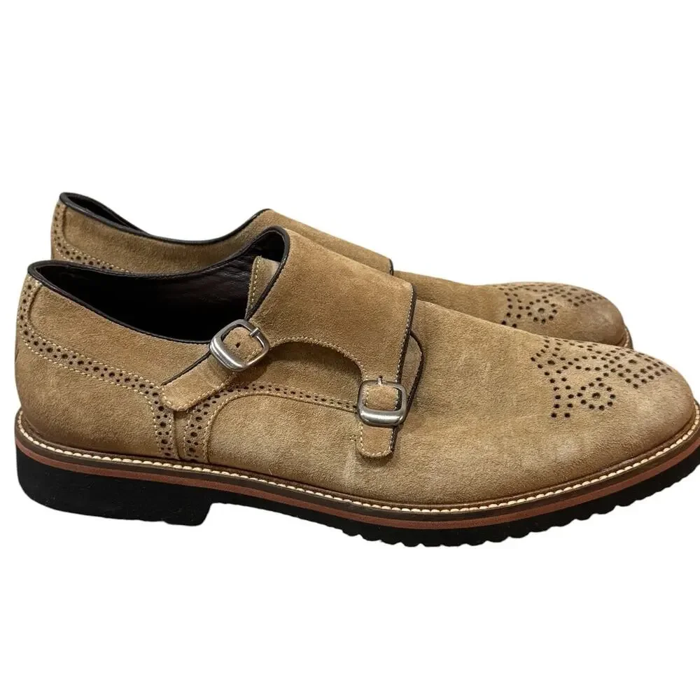Martin Dingman Double Monk Strap Suede Shoes Mens 10 Tan Wingtip Vibram Lug Sole